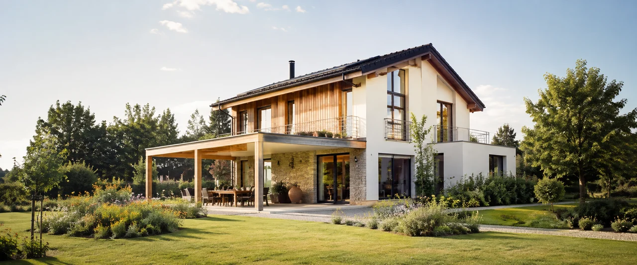 Eigenständig gestaltetes Wohnhaus mit Holz, Putzfassade und Garten